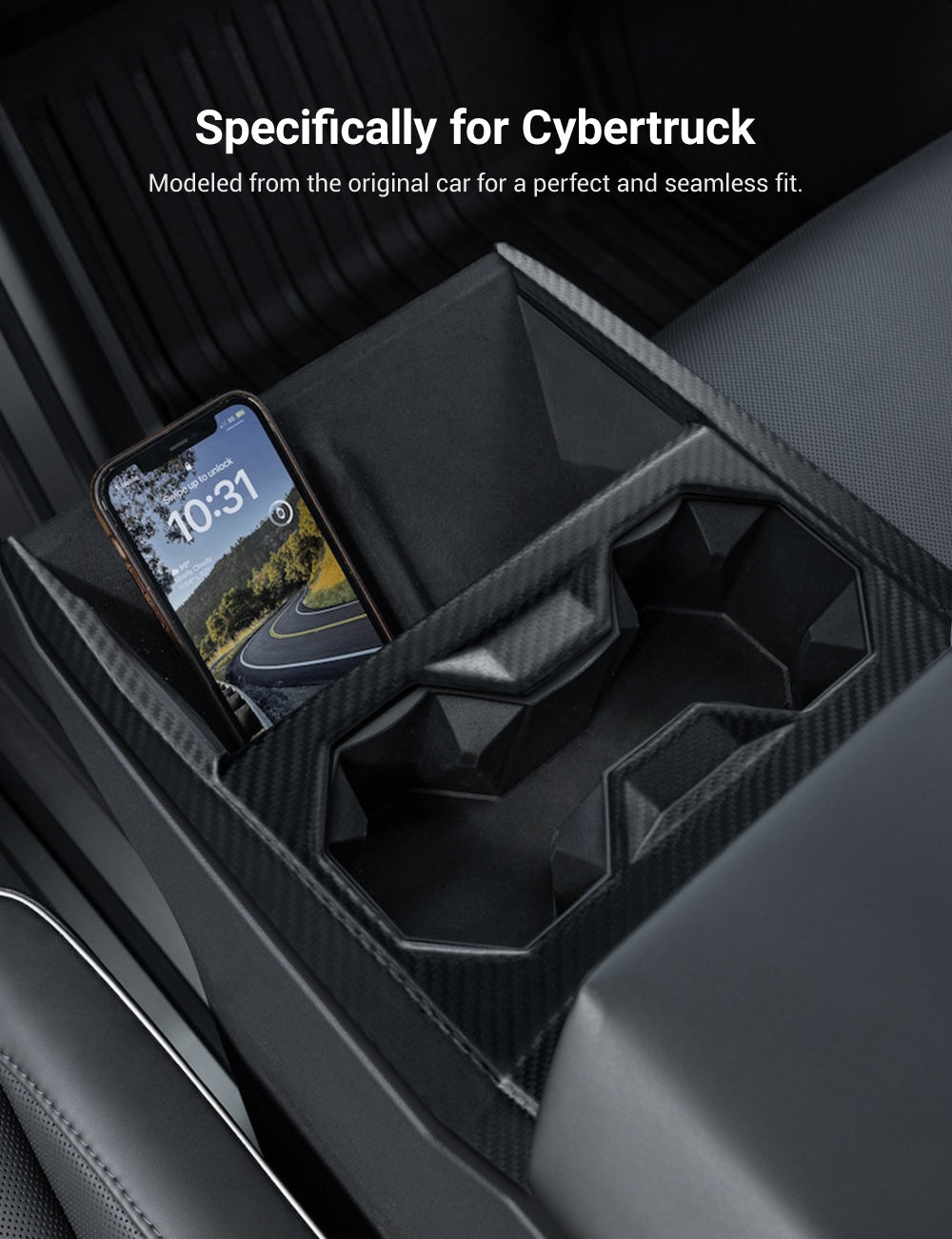 Dry Carbon Fiber Center Console Cup Holder for Tesla Cybertruck - Teskay