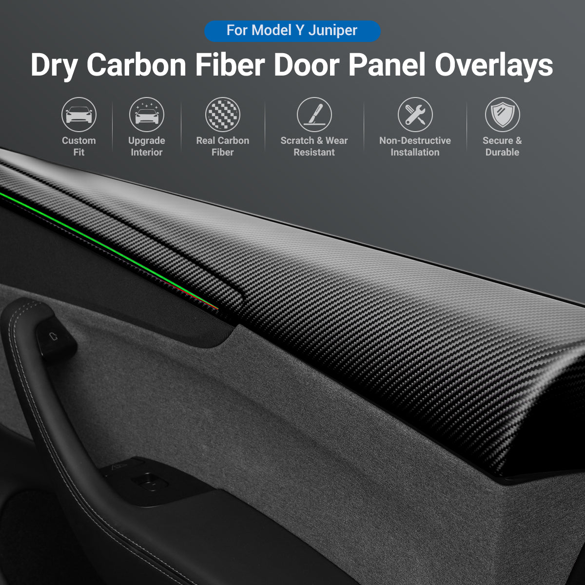 Dry Carbon Fiber Full Upper Oversized Extended Door Panel Overlays for Model Y Juniper