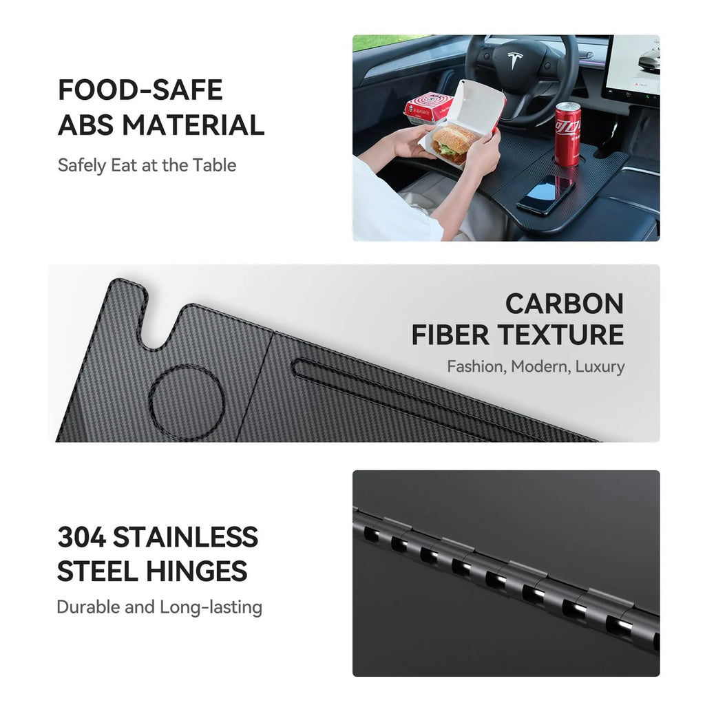 Foldable In-Car Laptop & Dining Table with Carbon Fiber Texture for Tesla Model 3 / Model Y
