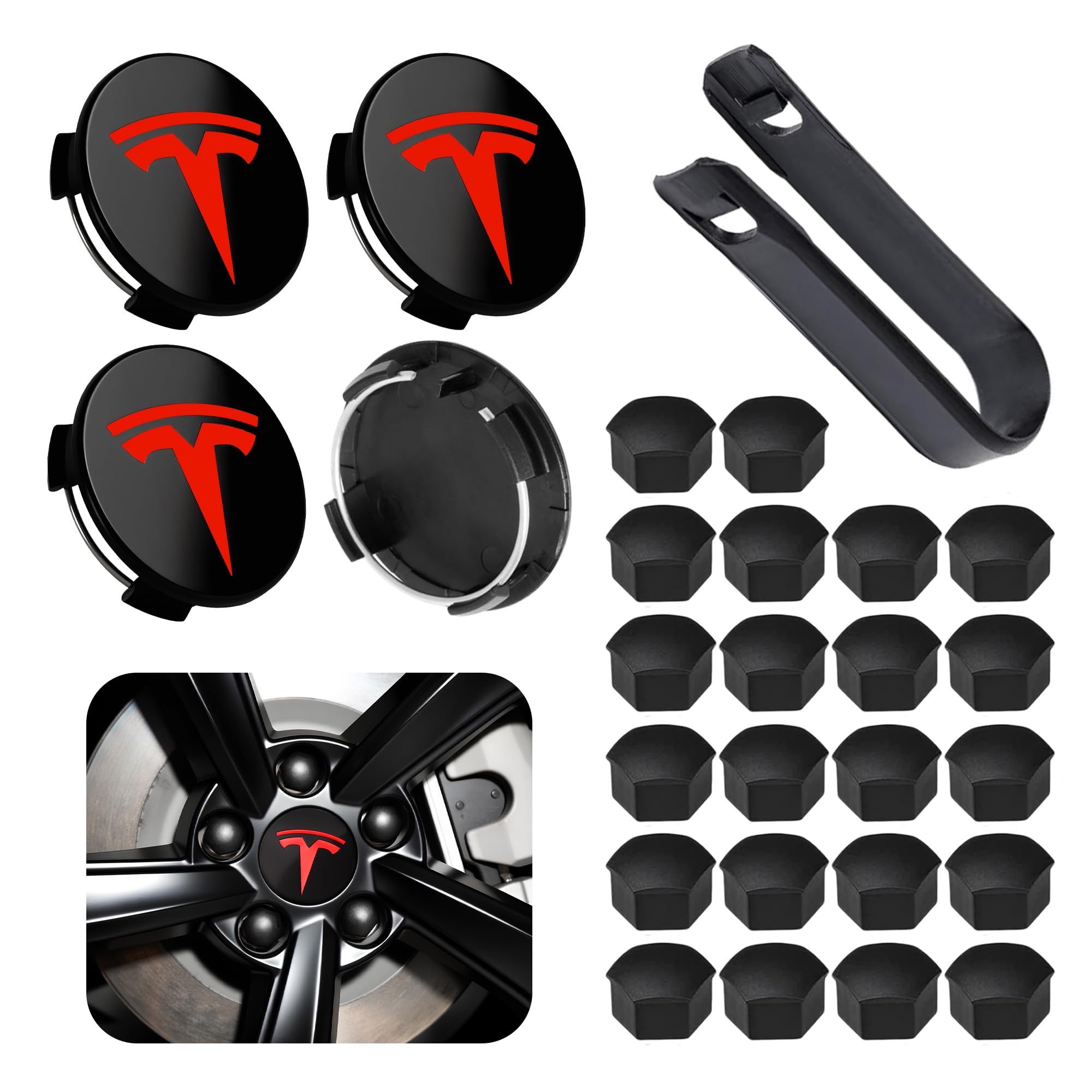 Wheel Center Cap Kit with Puller for Model 3/Y/S/X | 4 Hub Caps + 20 Lug Nut Covers