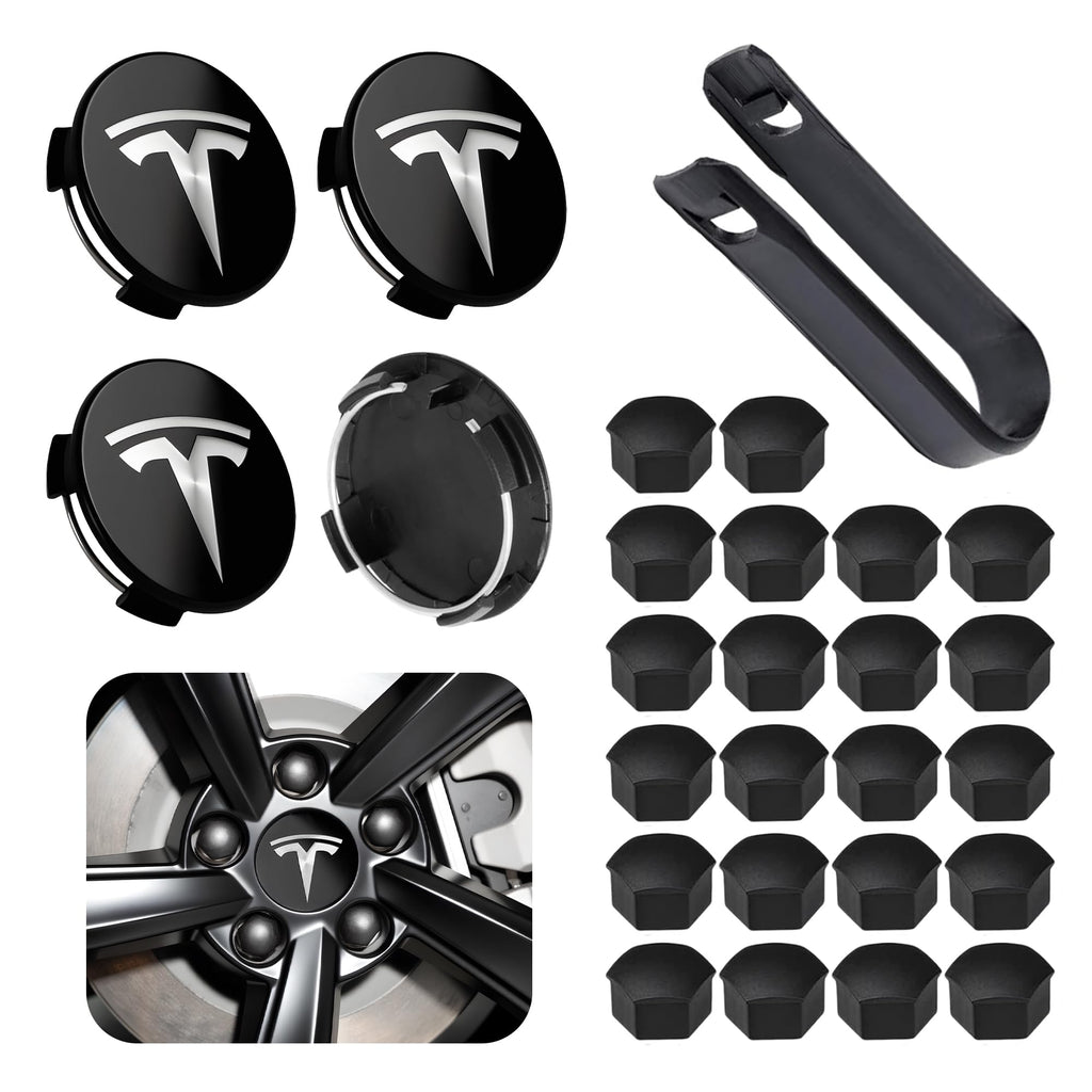 Wheel Center Cap Kit with Puller for Model 3/Y/S/X | 4 Hub Caps + 20 Lug Nut Covers