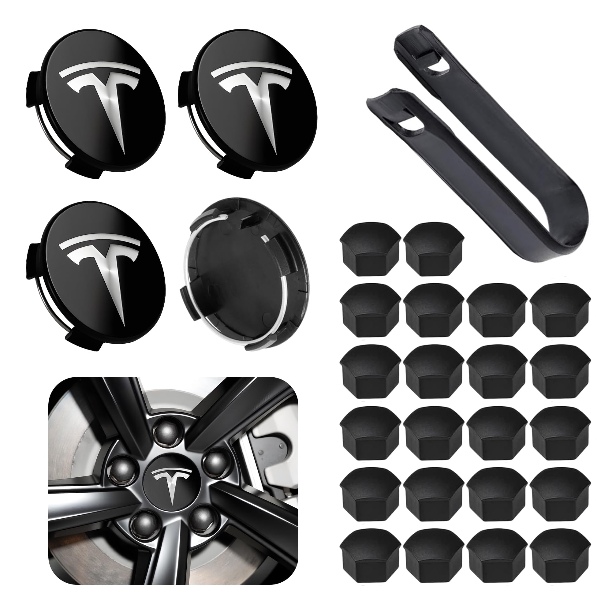 Wheel Center Cap Kit with Puller for Model 3/Y/S/X | 4 Hub Caps + 20 Lug Nut Covers