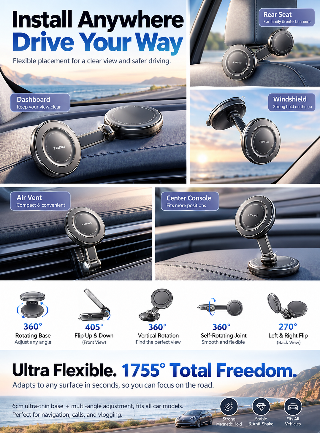 Magnetic Vacuum Car Phone Mount – Strong Suction & 360° Rotation-Teskay