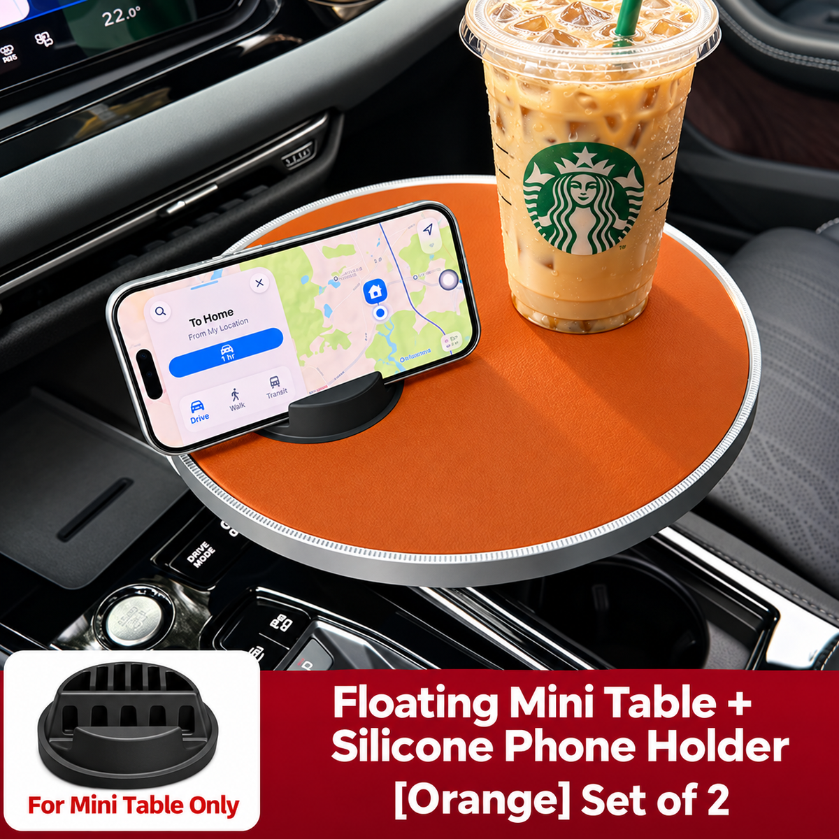 Multifunctional floating table with rotating cup holder for car Orange version With phone stand