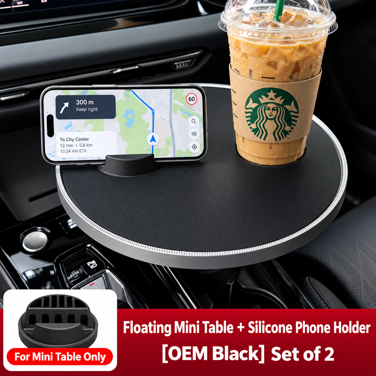 Multifunctional floating table with rotating cup holder for car Black version With phone stand