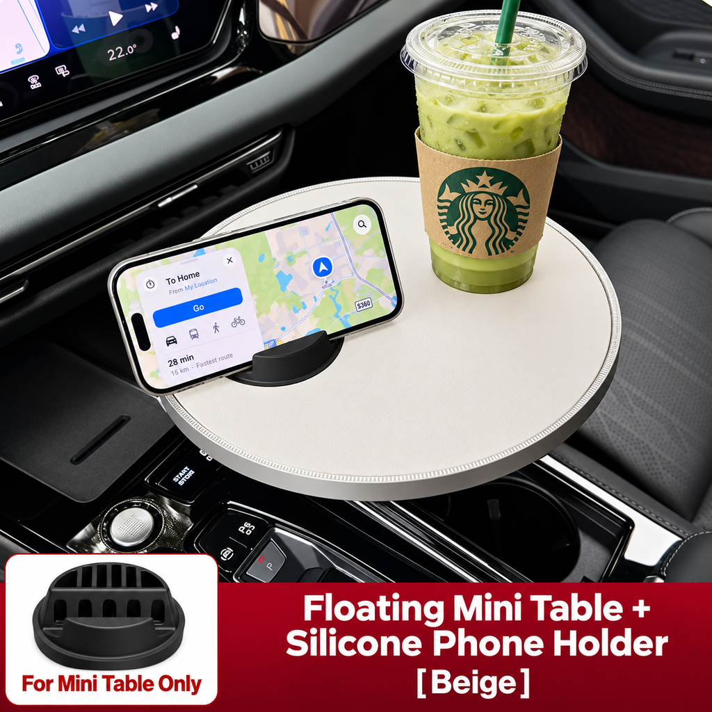 Multifunctional floating table with rotating cup holder for car Beige version With phone stand