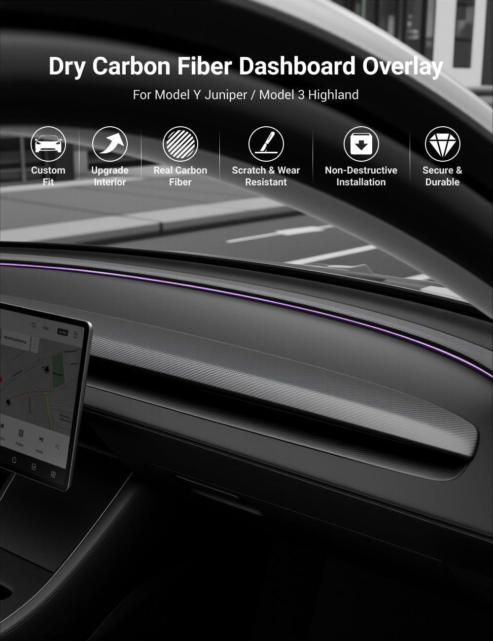 Real Dry Carbon Fiber Dashboard Cover for Model 3 Highland / Model Y Juniper - Teskay