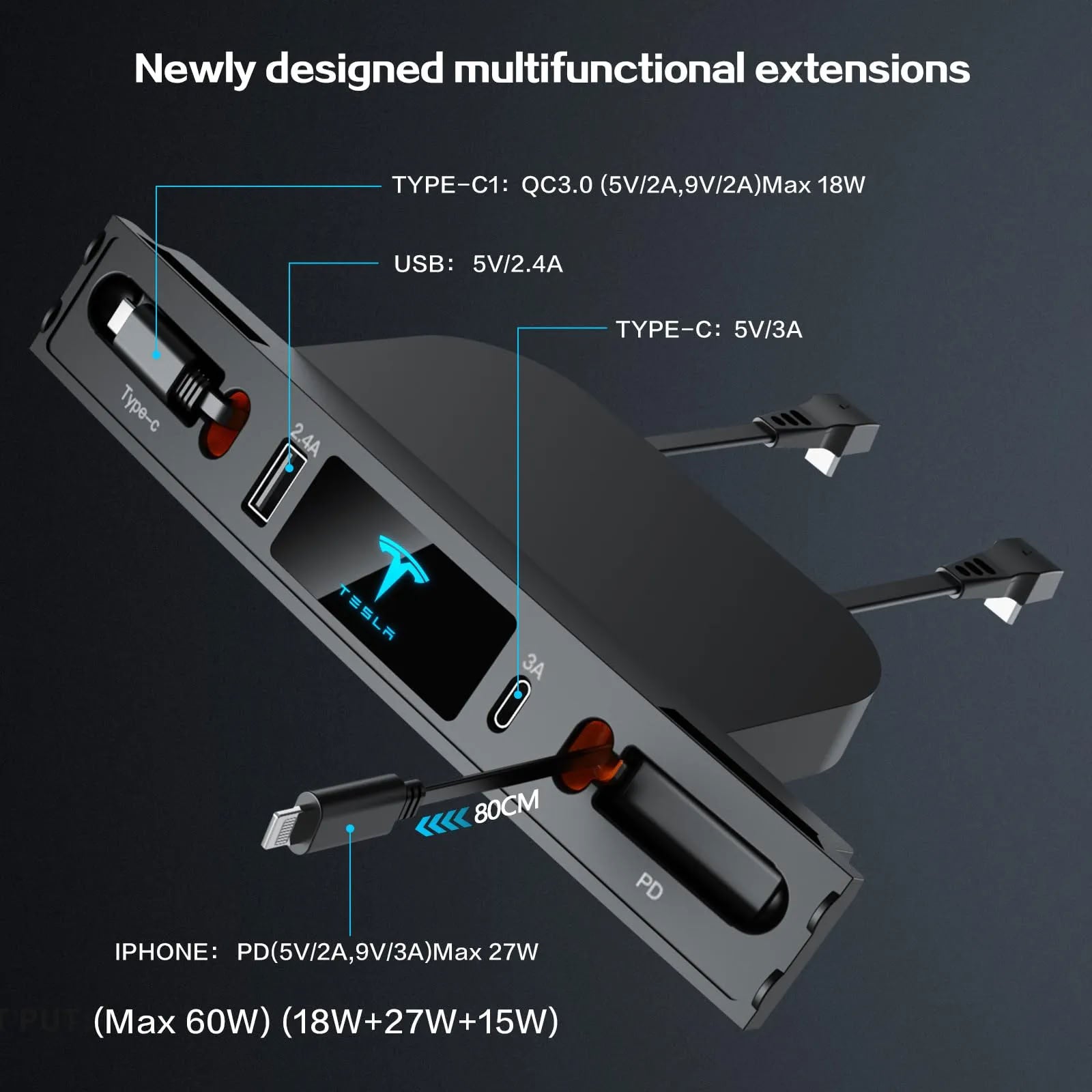Retractable USB Hub for Tesla Model 3/Y（2021-2023）