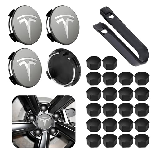 Wheel Center Cap Kit with Puller for Model 3/Y/S/X | 4 Hub Caps + 20 Lug Nut Covers