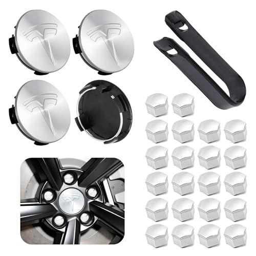 Wheel Center Cap Kit with Puller for Model 3/Y/S/X | 4 Hub Caps + 20 Lug Nut Covers