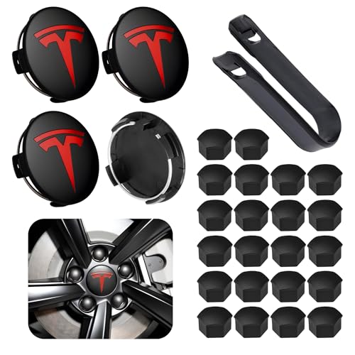 Wheel Center Cap Kit with Puller for Model 3/Y/S/X | 4 Hub Caps + 20 Lug Nut Covers