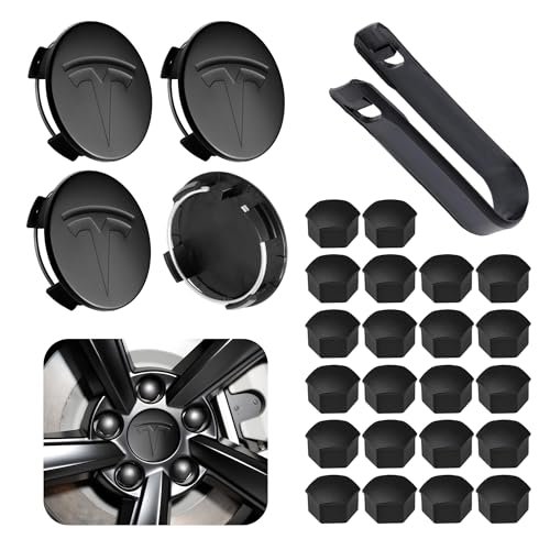 Wheel Center Cap Kit with Puller for Model 3/Y/S/X | 4 Hub Caps + 20 Lug Nut Covers