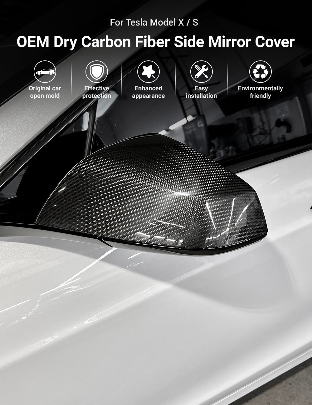 Tesla Model S/X Dry Carbon Fiber OEM-Style Side Mirror Covers - Teskay