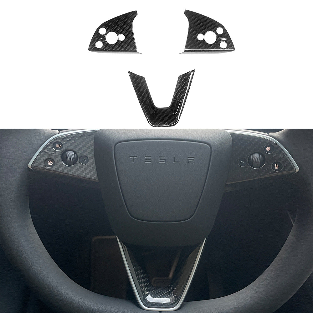Steering Wheel Bezel Overlay Real Dry Carbon Fiber for Model 3 Highland & Model Y Juniper (3 Pieces)