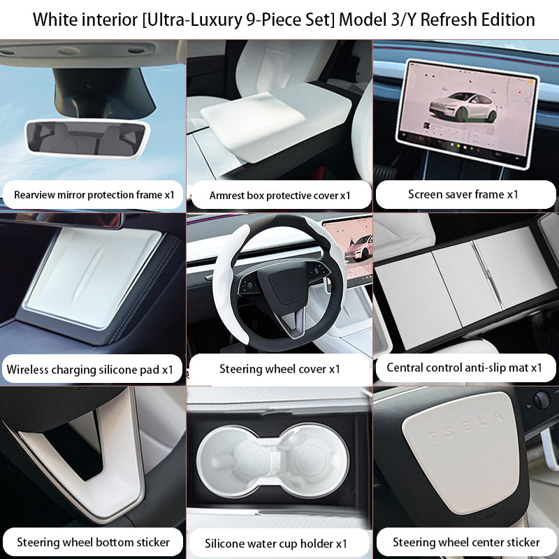 Steering Wheel Trim Cover for Tesla Model 3 Highland / Model Y Juniper（Combo pack） White Ultra-luxury 9-piece set
