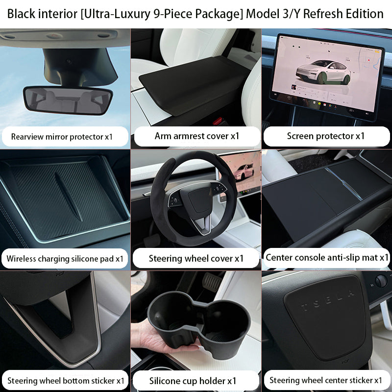 Steering Wheel Trim Cover for Tesla Model 3 Highland / Model Y Juniper（Combo pack） Black Ultra-luxury 9-piece set