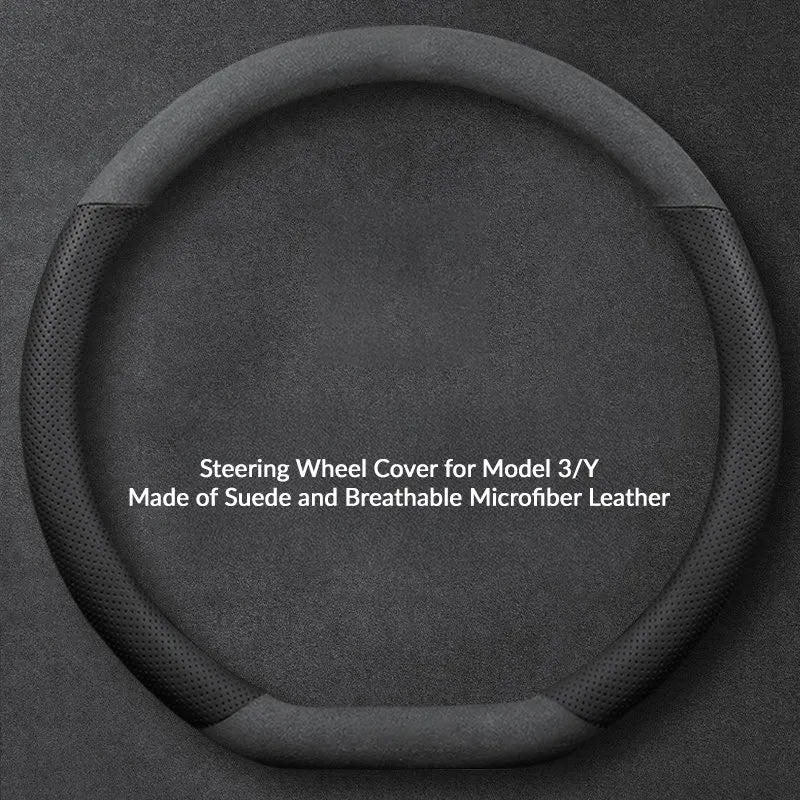 Suede Steering Wheel Cover for Tesla Model 3/Y Suede + Black Fiber Leather