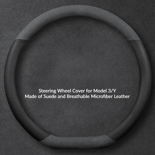 Suede Steering Wheel Cover for Tesla Model 3/Y Suede + Black Fiber Leather