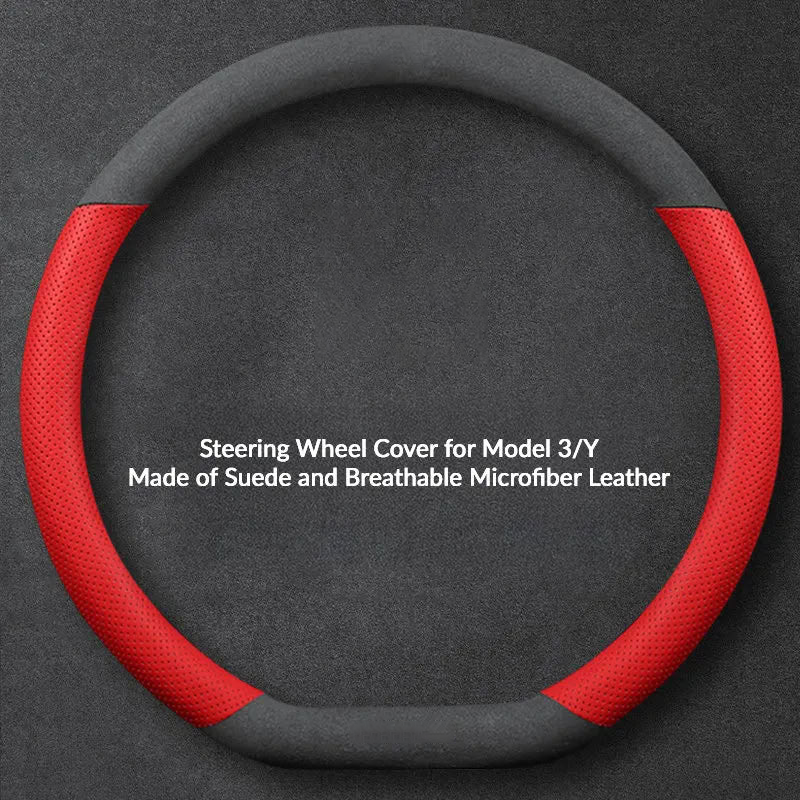 Suede Steering Wheel Cover for Tesla Model 3/Y Suede + Red Fiber Leather