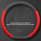 Suede Steering Wheel Cover for Tesla Model 3/Y Suede + Red Fiber Leather
