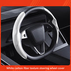 Suede Sport Steering Wheel Cover for Tesla Model 3 /Y White Carbon Fiber Pattern
