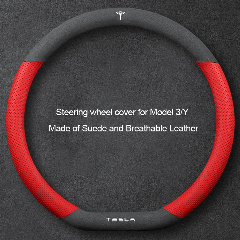 Suede Steering Wheel Cover for Tesla Model 3/Y Suede + Red Fiber Leather