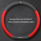 Suede Steering Wheel Cover for Tesla Model 3/Y Suede + Red Fiber Leather