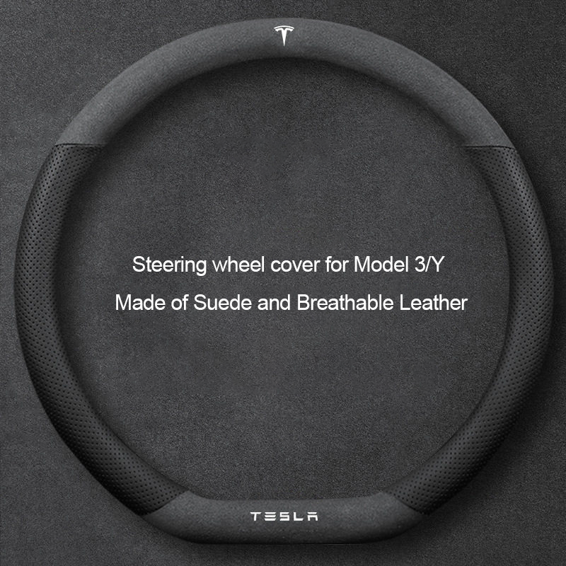 Suede Steering Wheel Cover for Tesla Model 3/Y Suede + Black Fiber Leather
