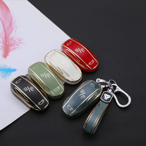 TPU Key Fob Cover for Tesla Model 3/Y/X/S – Full Protection, Fashionable Gold-Rimmed Design