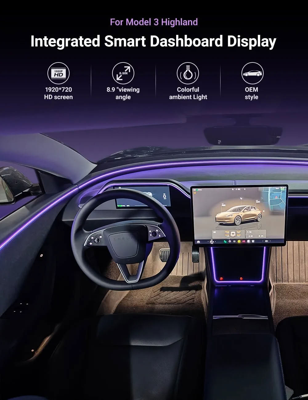 Tesla 8.9 Inch Dashboard Display with Ambient Lighting for Model 3 Highland/Model Y Juniper