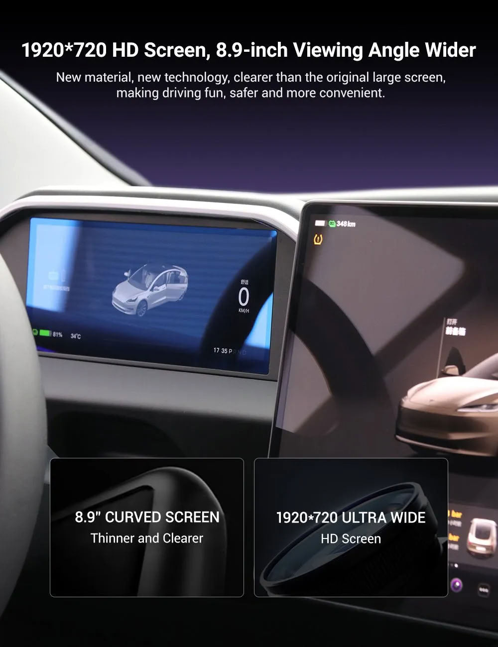 Tesla 8.9 Inch Dashboard Display with Ambient Lighting for Model 3 Highland/Model Y Juniper