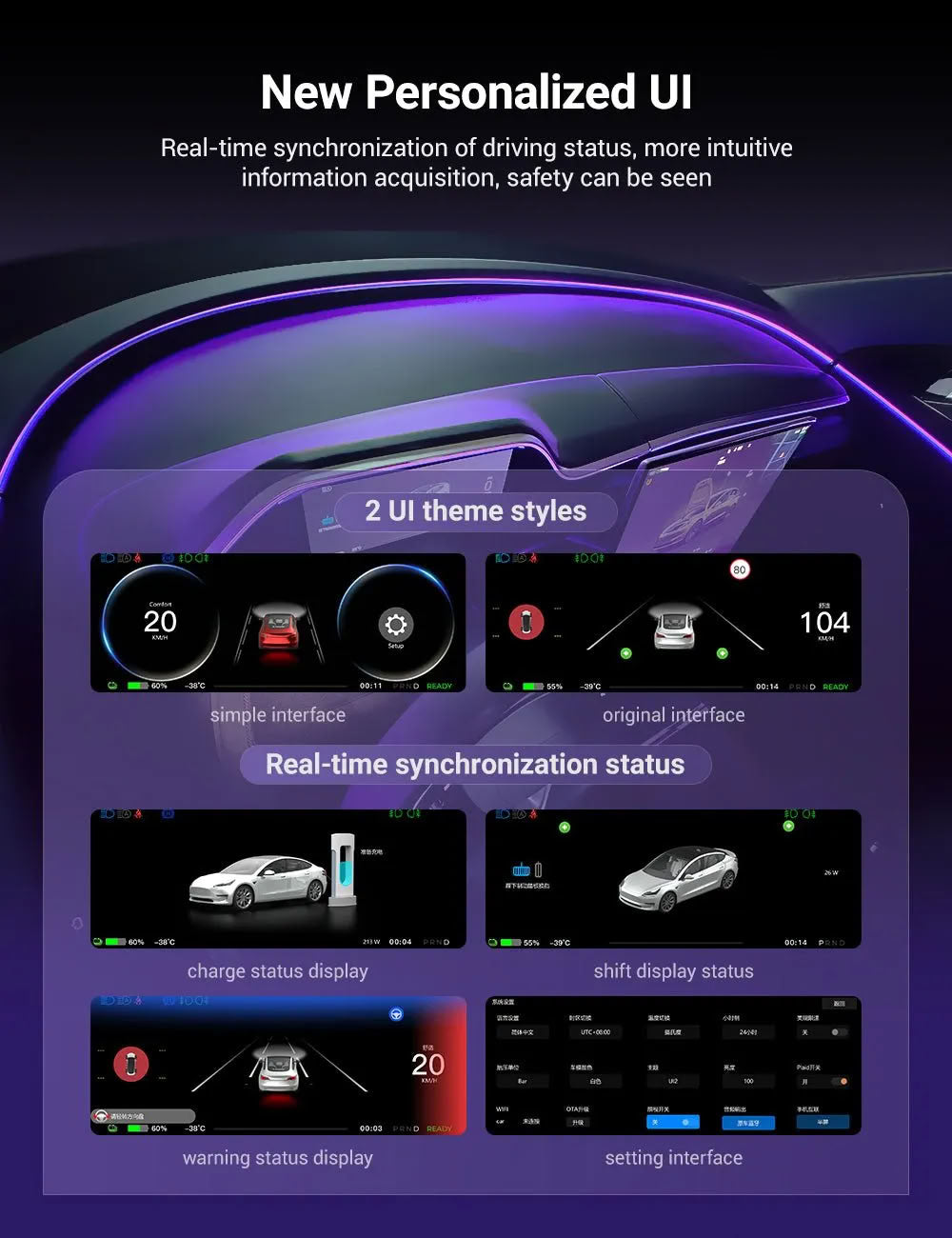 Tesla 8.9 Inch Dashboard Display with Ambient Lighting for Model 3 Highland/Model Y Juniper