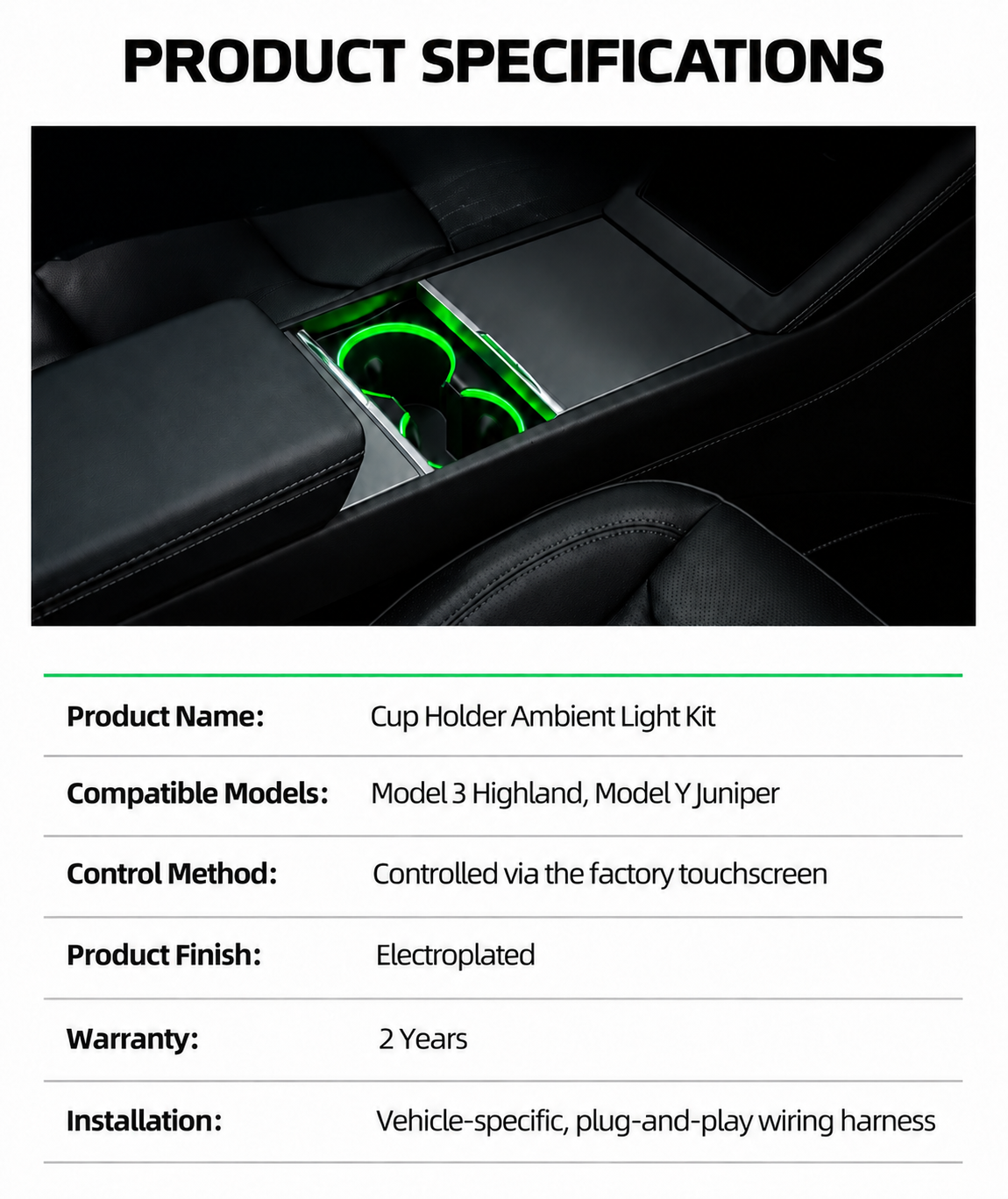 Tesla Cup Holder Ambient Light Kit for Model 3 Highland & Model Y Juniper/Model YL
