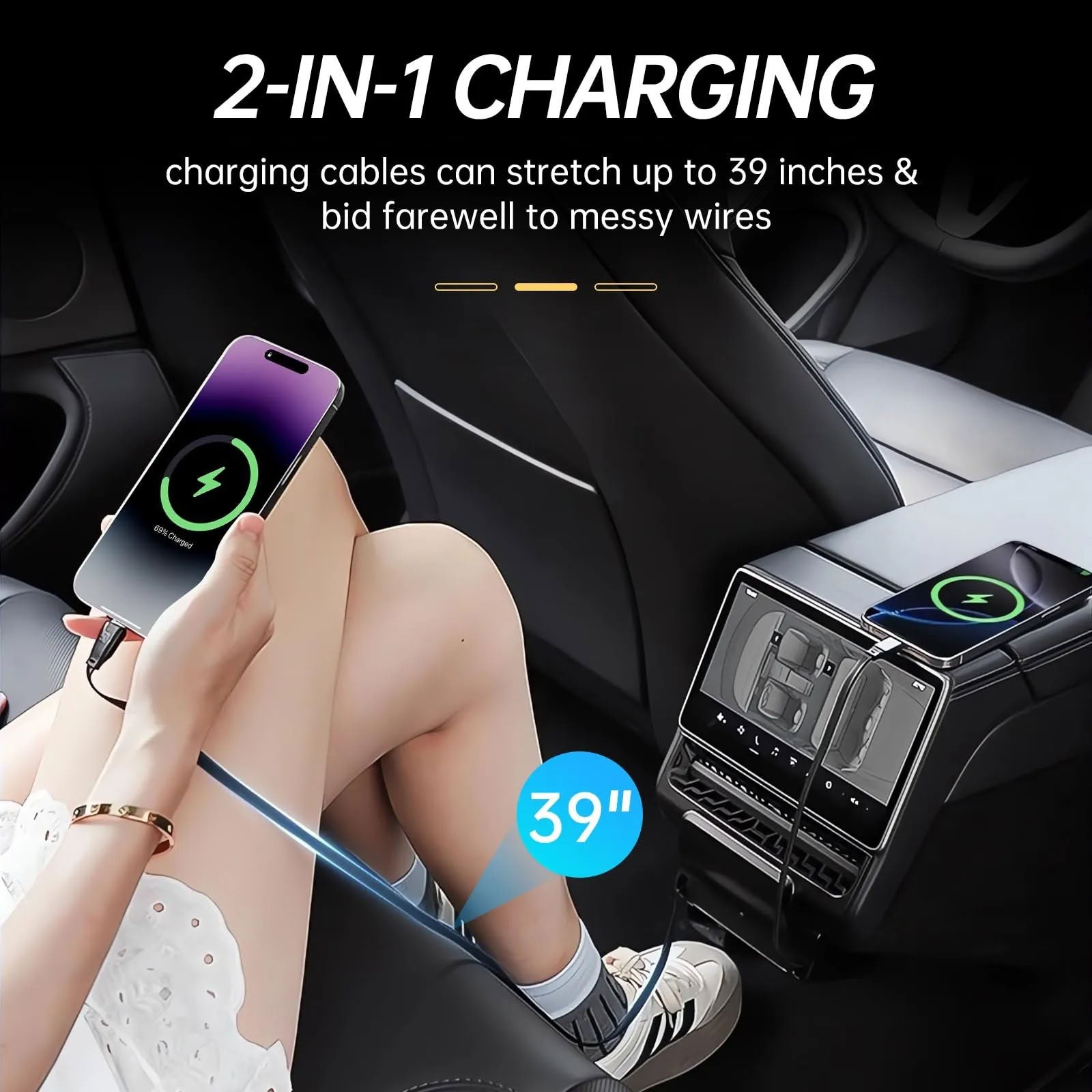 Tesla Model Y / Model 3 USB Hub: Multi-Port Center Console Docking Station with 87W Fast Charging and Retractable Cables