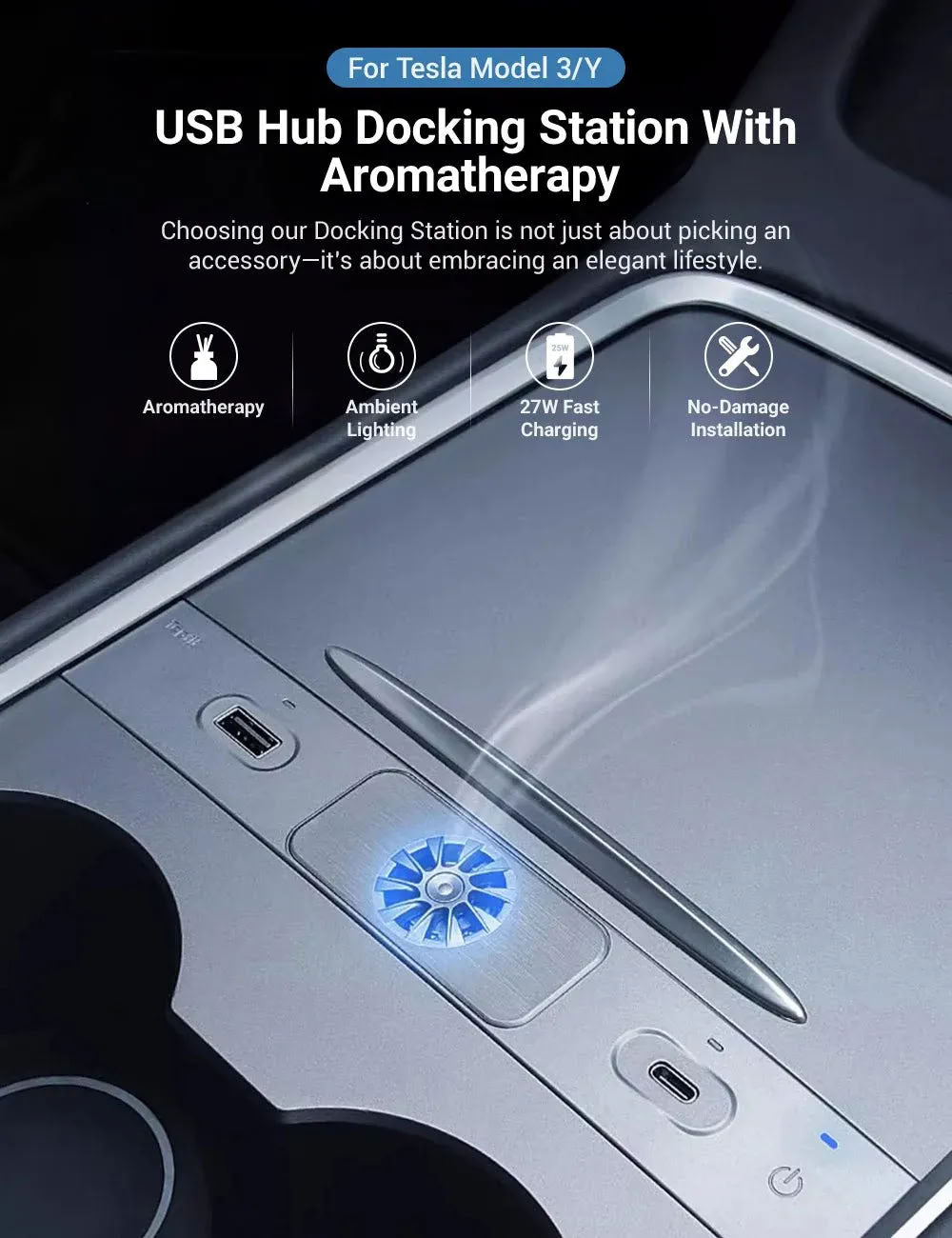 USB Hub Docking Station with Aromatherapy for Tesla Model 3/Y (2020-2024) – Fast Charging & Integrated Scent Diffuser