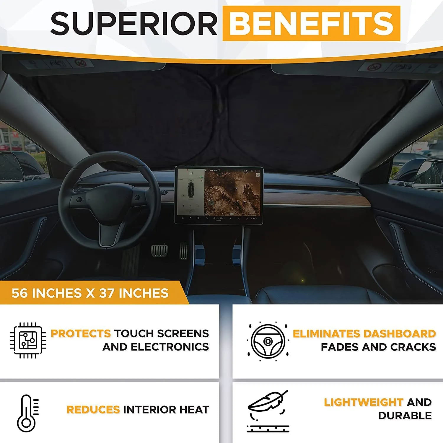Windshield Sunshade for Tesla Model 3/Y – UV Protection,Foldable Storage