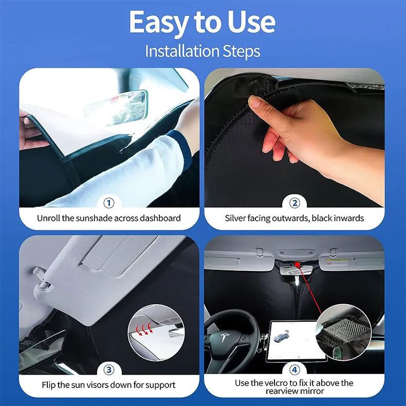 Windshield Sunshade for Tesla Model 3/Y – UV Protection,Foldable Storage