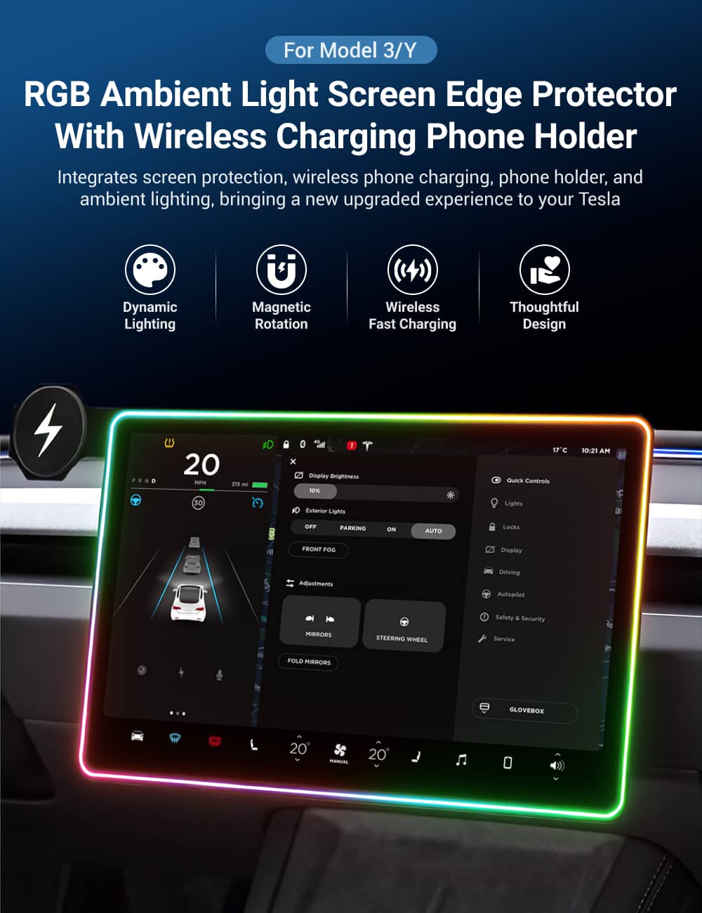 Model 3/Y Music-Synced RGB Ambient Lighting With Wireless Charging Phone Mount
