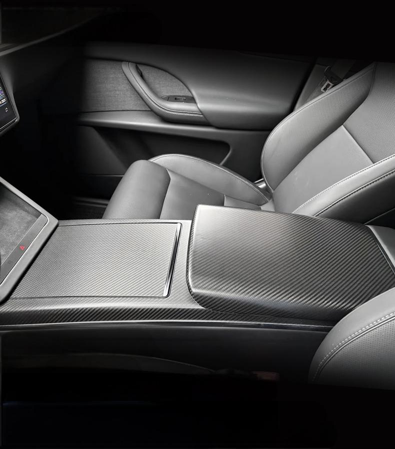 Armrest Box Dry Carbon Fiber Overlay for Tesla Model S/X 2021+ - Teskay