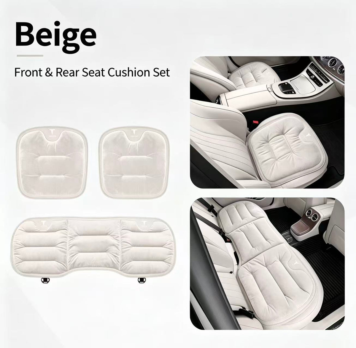 Winter Warm Flannel Seat Cushions & Backrest Covers for Tesla Model 3/Y/YL/S/X – Soft, Comfortable & Non-Slip white Front and rear 3-piece set