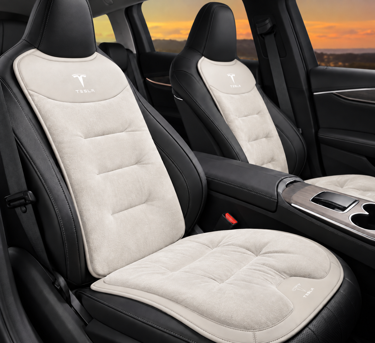 Winter Warm Flannel Seat Cushions & Backrest Covers for Tesla Model 3/Y/YL/S/X – Soft, Comfortable & Non-Slip white Front row 4-piece set