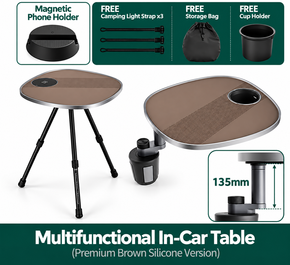 360° Rotating Floating Tray Table for Tesla Model 3/Y/S/X Brown food-grade silicone version