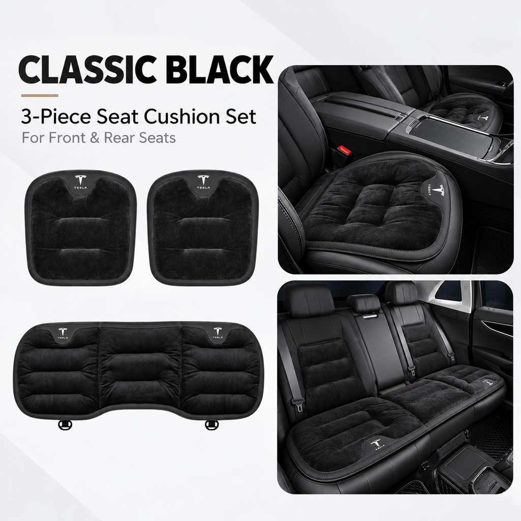 Winter Warm Flannel Seat Cushions & Backrest Covers for Tesla Model 3/Y/YL/S/X – Soft, Comfortable & Non-Slip Black Front and rear 3-piece set