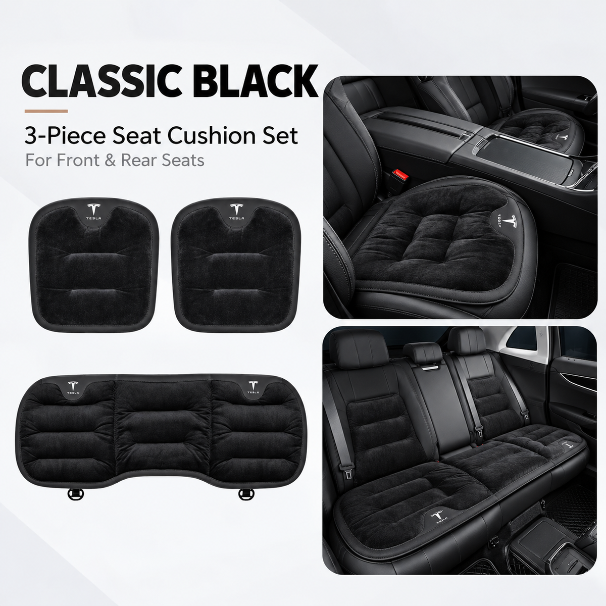 Winter Warm Flannel Seat Cushions & Backrest Covers for Tesla Model 3/Y/YL/S/X – Soft, Comfortable & Non-Slip Black Front and rear 3-piece set