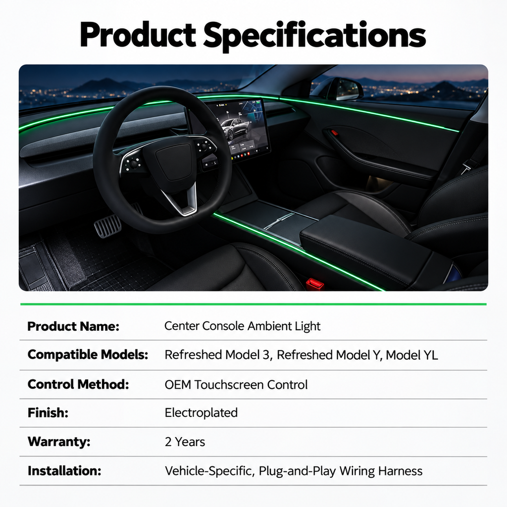 Tesla Center Console Ambient Light for Model 3 Highland, Model Y Juniper & YL