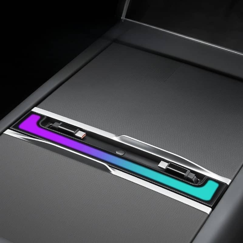 Center Console USB Hub with Ambient Lighting for Model 3 Highland/New Model Y Style 1 (USB-C & Lightning Pull-Out Cable)