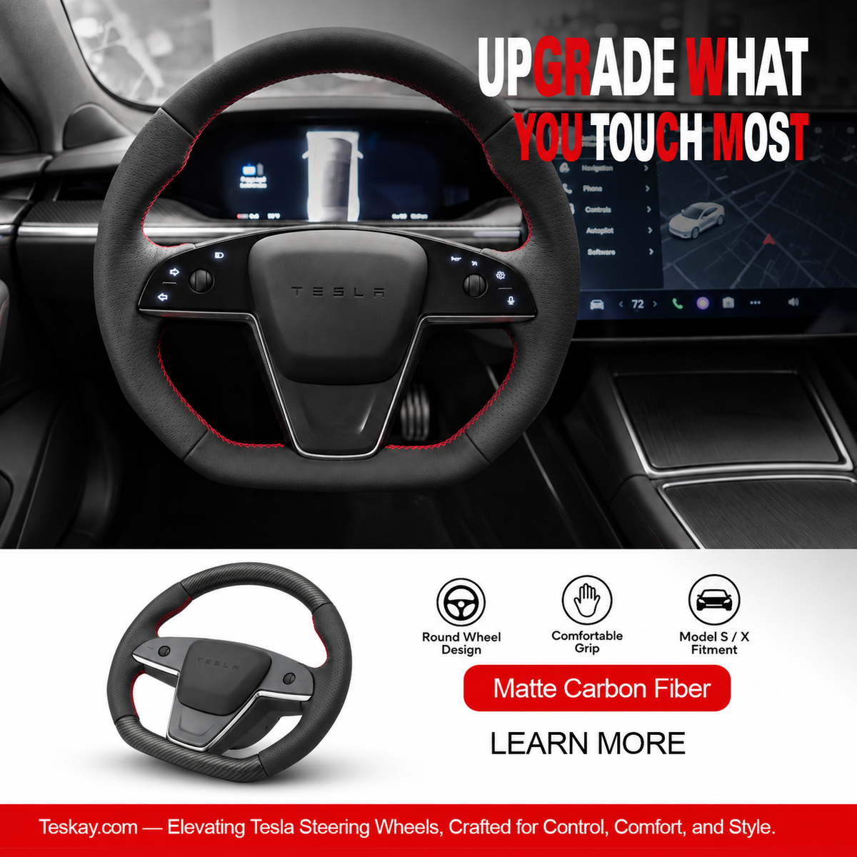 Plaid Round Steering Wheel Replacement for Tesla Model S / X 2021-2025 Model S Matte Carbon Fiber