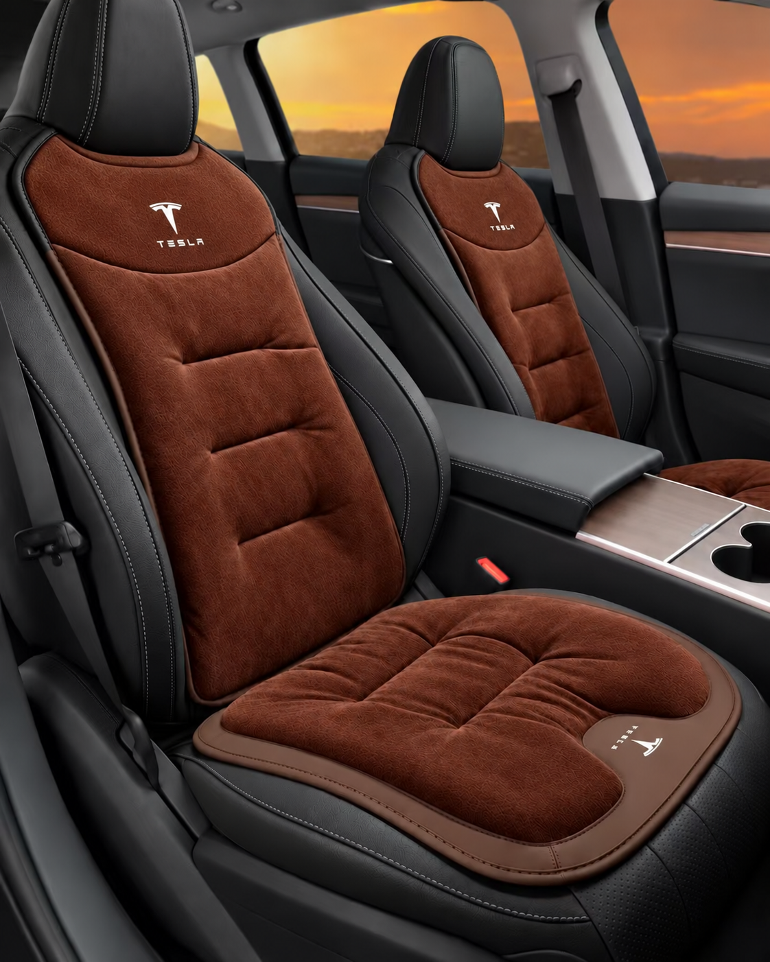 Winter Warm Flannel Seat Cushions & Backrest Covers for Tesla Model 3/Y/YL/S/X – Soft, Comfortable & Non-Slip brown Front row 4-piece set