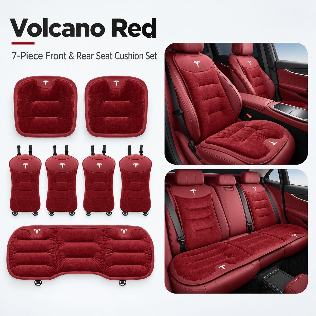 Winter Warm Flannel Seat Cushions & Backrest Covers for Tesla Model 3/Y/YL/S/X – Soft, Comfortable & Non-Slip red 7-piece set for front and rear rows
