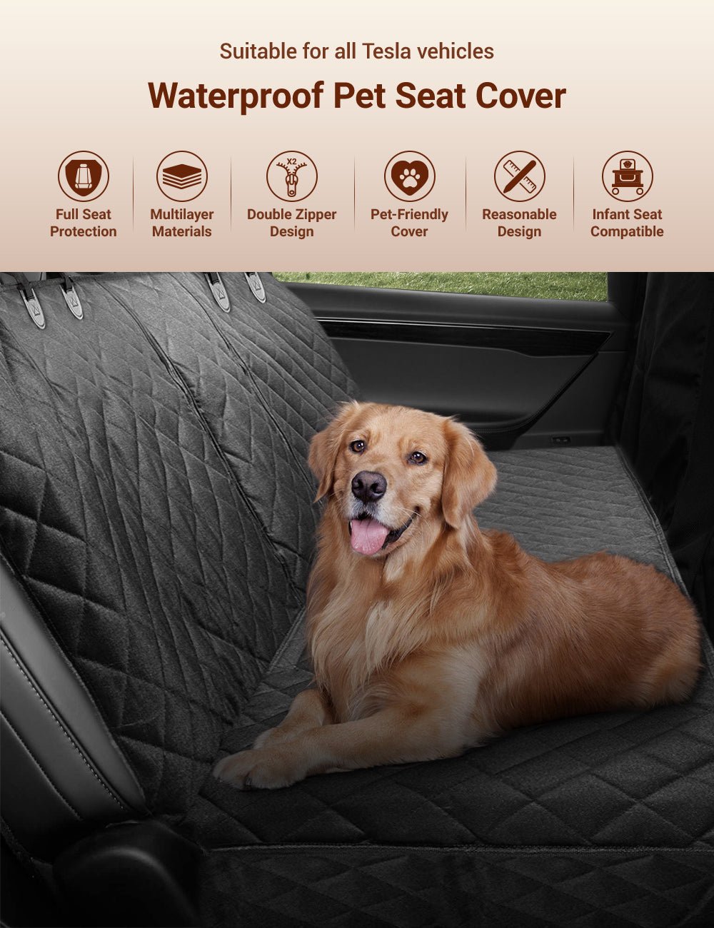 Dog Seat Cover With Double Zipper for Model 3/Y/S/X/Cybertruck - Teskay
